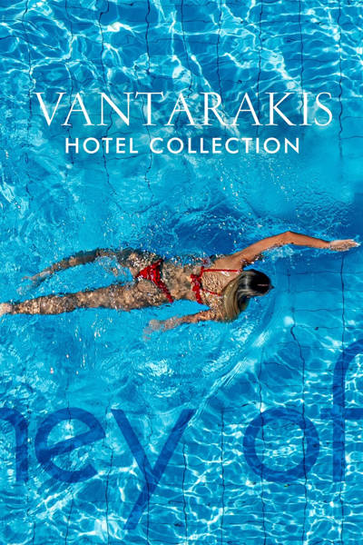 Woman swimming in a clear blue pool with the text "Vantarakis Hotel Collection" prominently displayed above