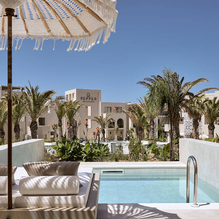 Private hotel terrace with cushioned lounge bed, parasol, and plunge pool overlooking gardens at Pepper Sea Club Hotel